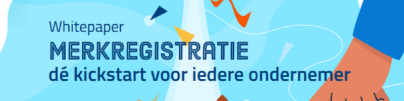 Tekst: valge paber Merkregistratie de kickstart voor iedere ondernemer. Illustratie van een knop die wordt ingedrukt en een raket die opstijgt.